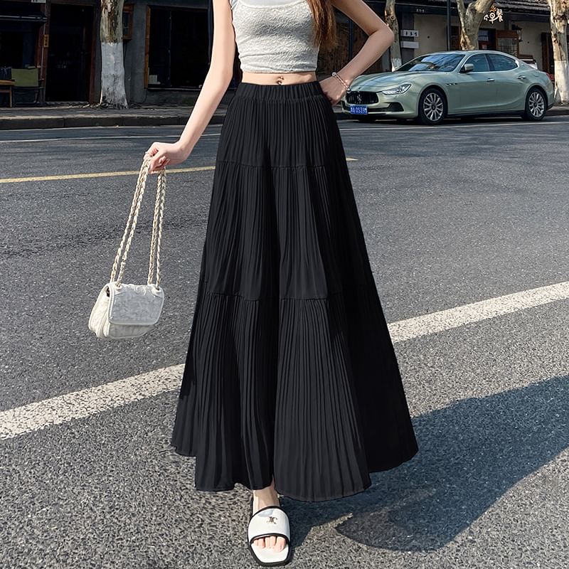 Waist Accordion Maxi High Pleated A-Line Skirt Plain