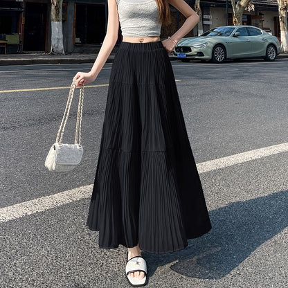 Waist Accordion Maxi High Pleated A-Line Skirt Plain
