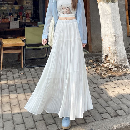 Accordion Plain Maxi Skirt A-Line Waist Pleated High