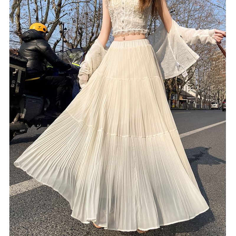 Accordion Plain Maxi Skirt A-Line Waist Pleated High