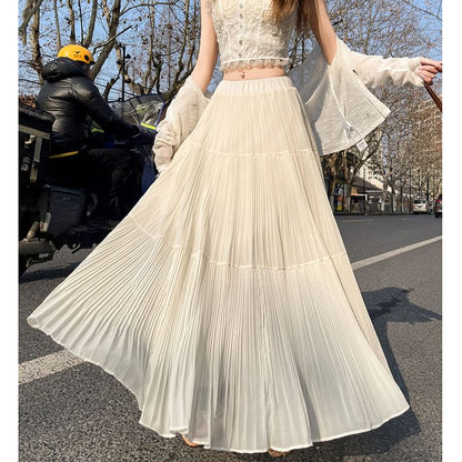 Accordion Plain Maxi Skirt A-Line Waist Pleated High