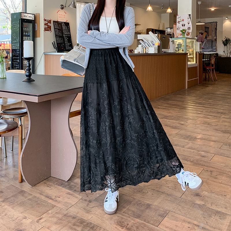 High Waist Embroidered Skirt Maxi Flower Trim A-Line Lace