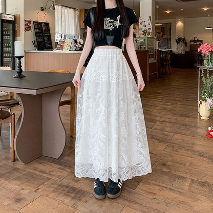 High Waist Embroidered Skirt Maxi Flower Trim A-Line Lace