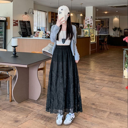 High Waist Embroidered Skirt Maxi Flower Trim A-Line Lace