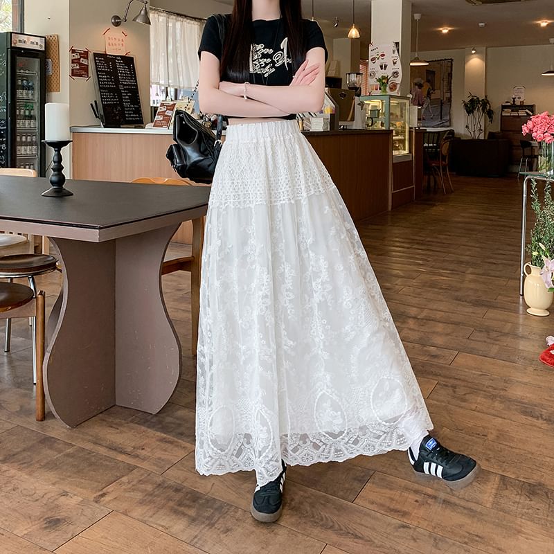 High Waist Embroidered Skirt Maxi Flower Trim A-Line Lace