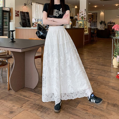 Flower Embroidered Lace High Trim Skirt Waist A-Line Maxi