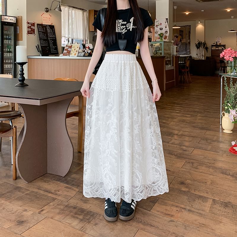 High Waist Embroidered Skirt Maxi Flower Trim A-Line Lace
