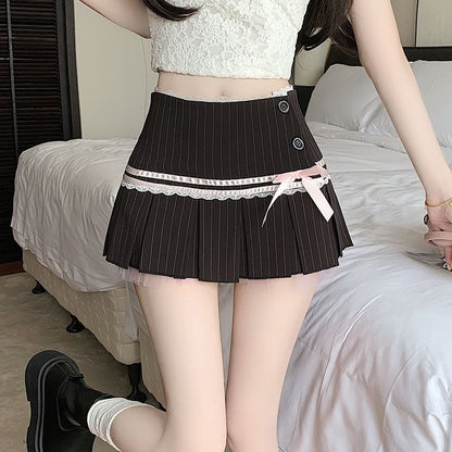 A-Line Lace Waist Pleated Low Pinstriped Bow Skirt Mini Trim