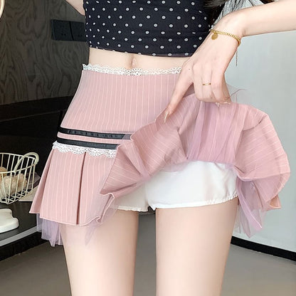A-Line Lace Waist Pleated Low Pinstriped Bow Skirt Mini Trim