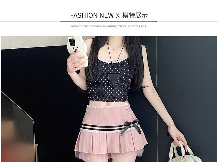 A-Line Lace Waist Pleated Low Pinstriped Bow Skirt Mini Trim