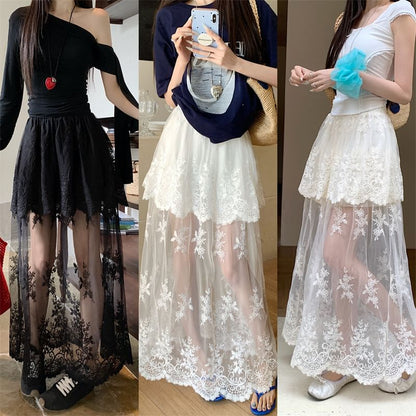 High Maxi Lace A-Line Waist Skirt Trim Flower Embroidered