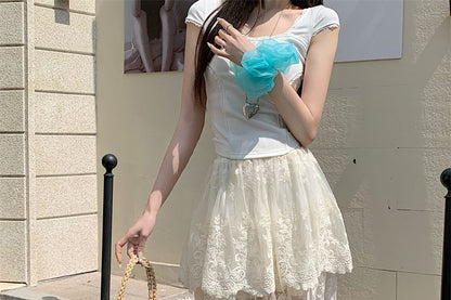 High Maxi Lace A-Line Waist Skirt Trim Flower Embroidered