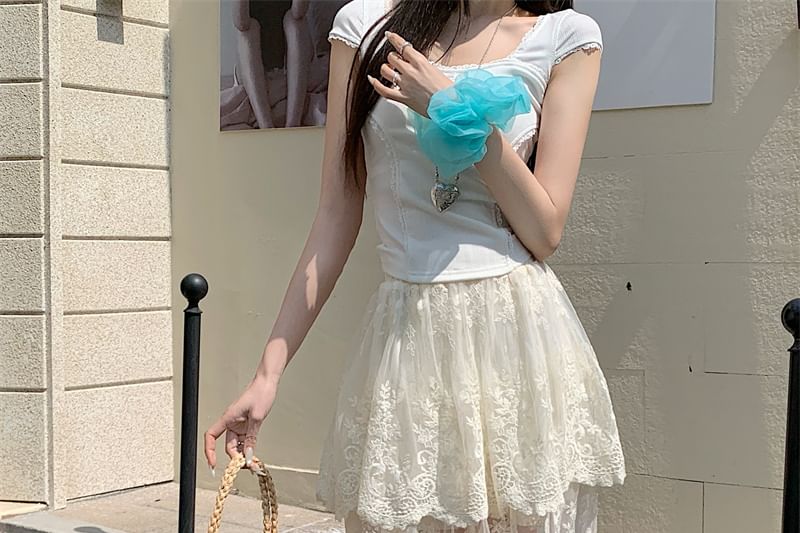 Lace Flower A-Line Embroidered High Waist Maxi Skirt Trim