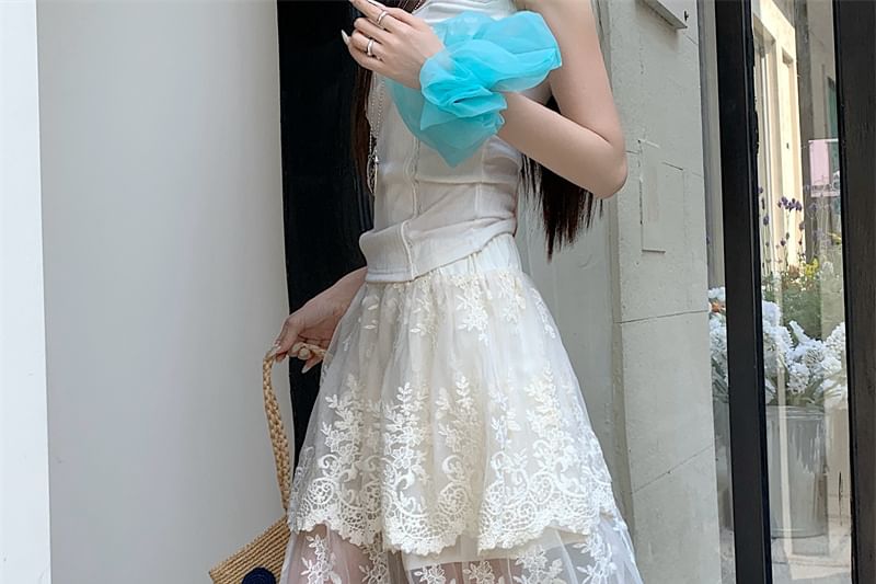 Lace Flower A-Line Embroidered High Waist Maxi Skirt Trim