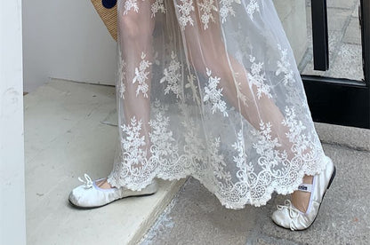 Lace Flower A-Line Embroidered High Waist Maxi Skirt Trim