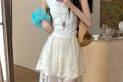 High Maxi Lace A-Line Waist Skirt Trim Flower Embroidered