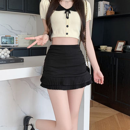 Ruffle Waist High Ruched Plain Skirt Mini Pencil