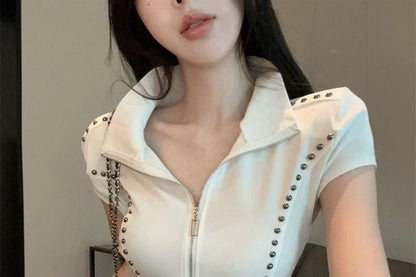 Short-Sleeve Fit Turtleneck Slim Studded Plain T-Shirt Zip