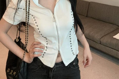 Short-Sleeve Fit Turtleneck Slim Studded Plain T-Shirt Zip