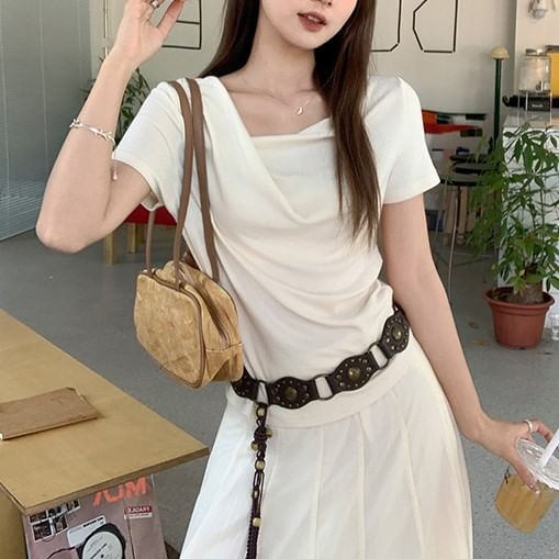 Cowl Plain Neck Slim Fit Ruched T-Shirt Short-Sleeve