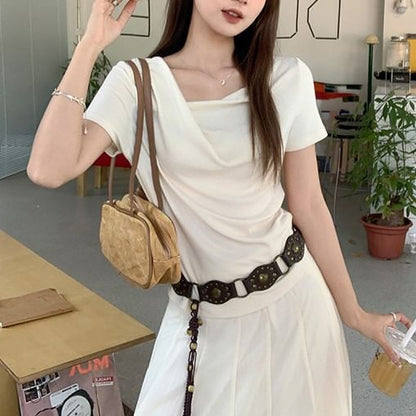 Cowl Plain Neck Slim Fit Ruched T-Shirt Short-Sleeve