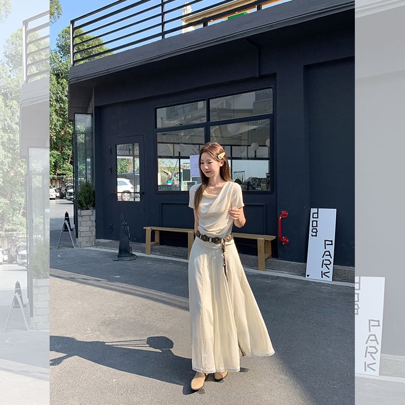 Cowl Plain Neck Slim Fit Ruched T-Shirt Short-Sleeve