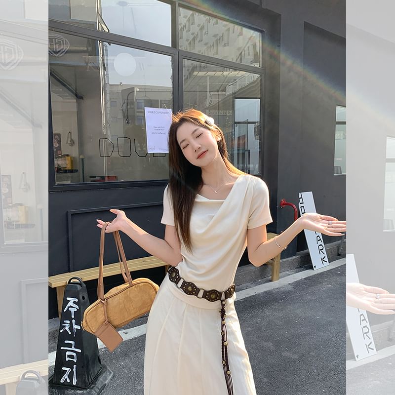 Cowl Plain Neck Slim Fit Ruched T-Shirt Short-Sleeve