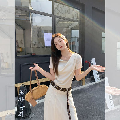 Cowl Plain Neck Slim Fit Ruched T-Shirt Short-Sleeve