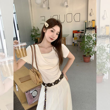 Cowl Plain Neck Slim Fit Ruched T-Shirt Short-Sleeve