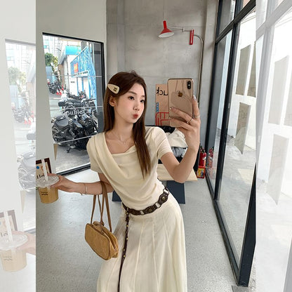 Cowl Plain Neck Slim Fit Ruched T-Shirt Short-Sleeve