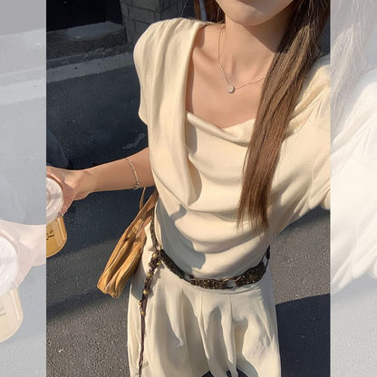 Cowl Plain Neck Slim Fit Ruched T-Shirt Short-Sleeve