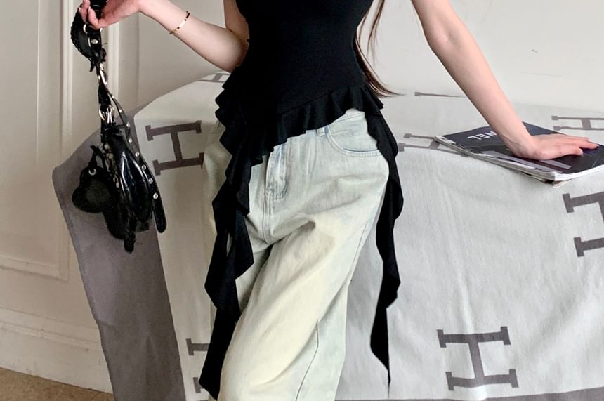 Slim Ruffle Trim Tee Cap-Sleeve Floral Panel Off-Shoulder Fit