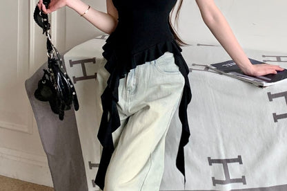 Slim Ruffle Trim Tee Cap-Sleeve Floral Panel Off-Shoulder Fit