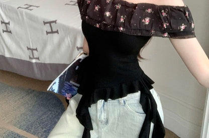 Slim Ruffle Trim Tee Cap-Sleeve Floral Panel Off-Shoulder Fit