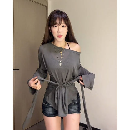Fit Tee Sashed Long-Sleeve Off-Shoulder Asymmetrical Neck Slim Plain