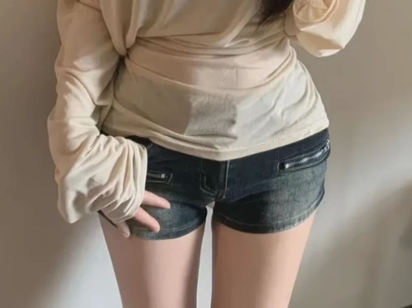 Fit Tee Sashed Long-Sleeve Off-Shoulder Asymmetrical Neck Slim Plain