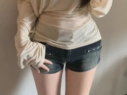 Fit Tee Sashed Long-Sleeve Off-Shoulder Asymmetrical Neck Slim Plain