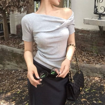 Off-Shoulder Fit T-Shirt Slim Short-Sleeve Twist