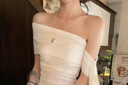 T-Shirt Plain Slim Short-Sleeve Ruched Off-Shoulder Fit Bow