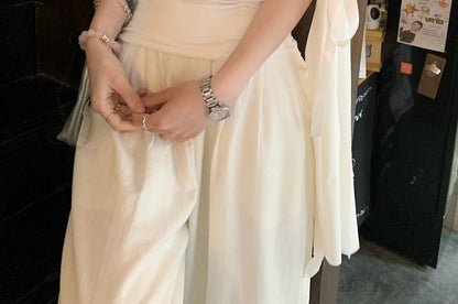 Bow Ruched Plain Slim Off-Shoulder Fit T-Shirt Short-Sleeve