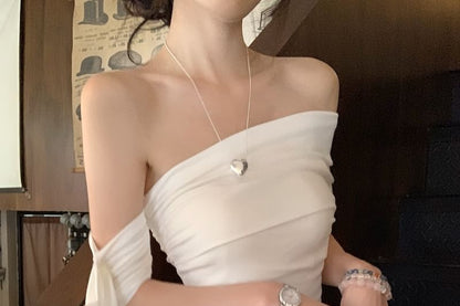 T-Shirt Plain Slim Short-Sleeve Ruched Off-Shoulder Fit Bow