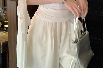 T-Shirt Plain Slim Short-Sleeve Ruched Off-Shoulder Fit Bow