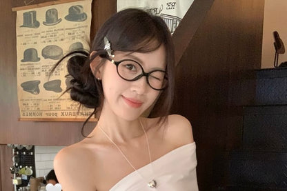 T-Shirt Plain Slim Short-Sleeve Ruched Off-Shoulder Fit Bow