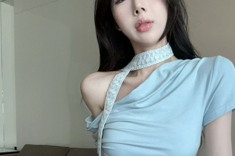 Tee Cowl Fit Asymmetrical Plain Slim Short-Sleeve Neck