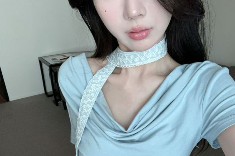 Tee Cowl Fit Asymmetrical Plain Slim Short-Sleeve Neck