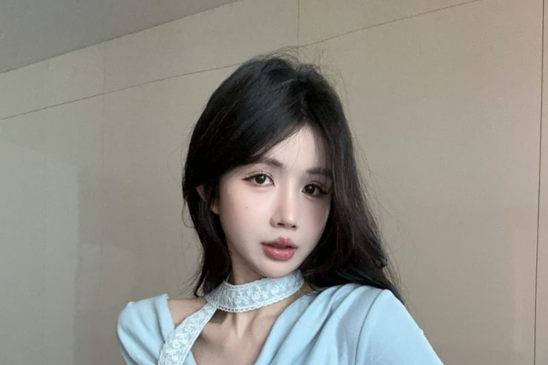 Tee Cowl Fit Asymmetrical Plain Slim Short-Sleeve Neck