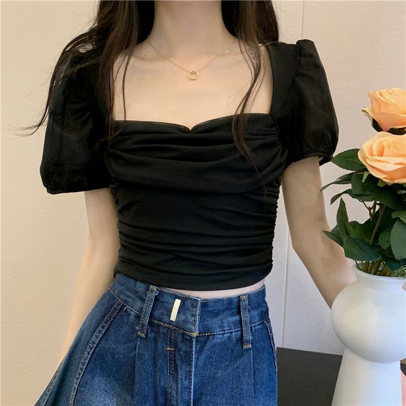 Crop Ruched Plain Fit Top Puff-Sleeve Slim