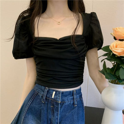 Crop Ruched Plain Fit Top Puff-Sleeve Slim