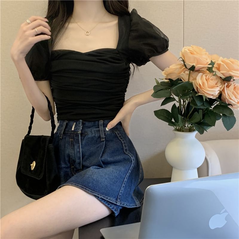 Crop Ruched Plain Fit Top Puff-Sleeve Slim