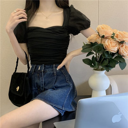 Crop Ruched Plain Fit Top Puff-Sleeve Slim